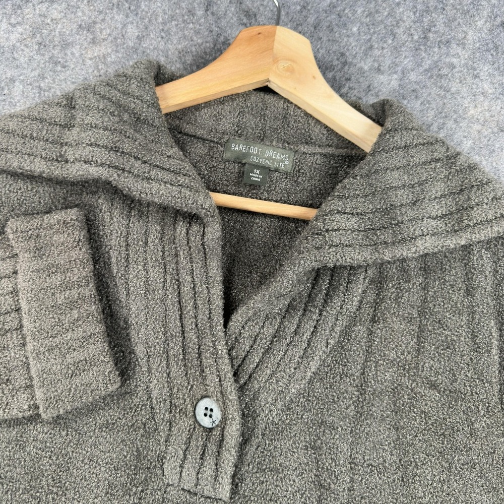 Barefoot Dreams Sweater Womens 1X Plus Gray CozyChic‎ Lite Henley Knit